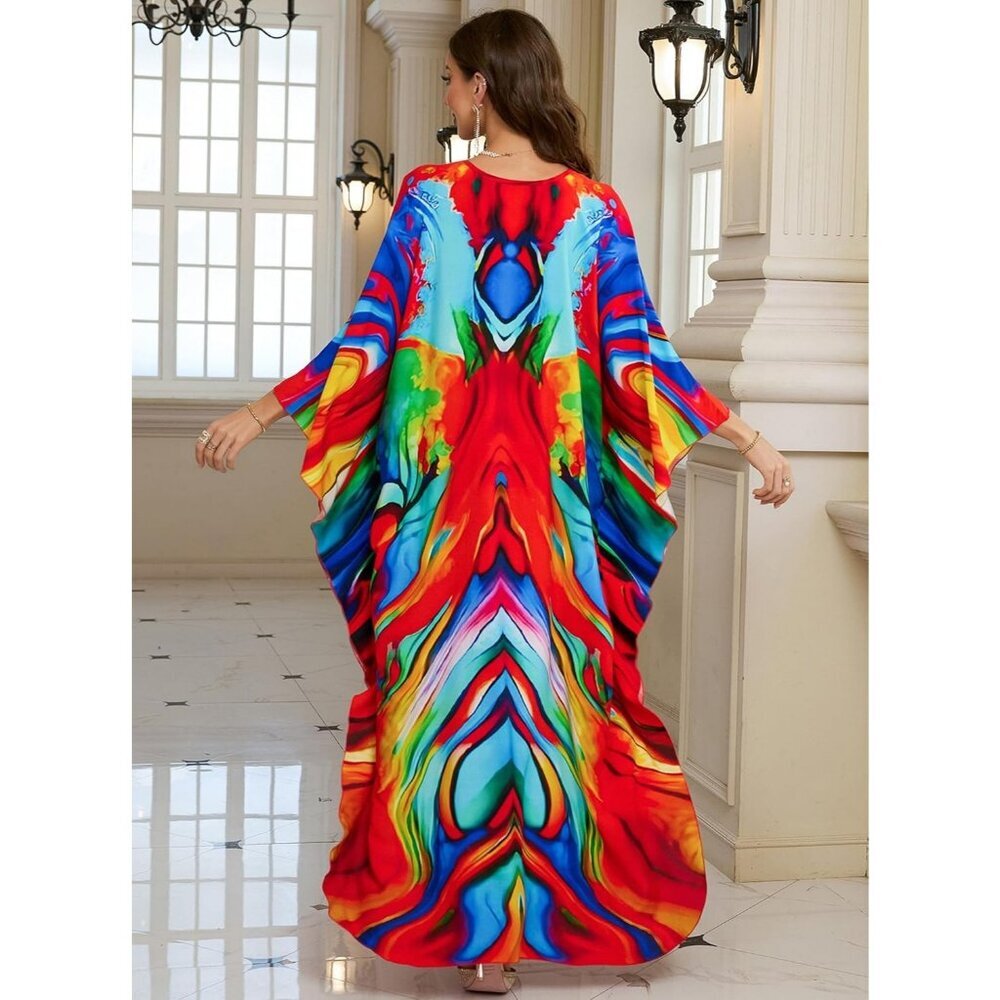 Women's Red Vivid V Neck Batwing Sleeves Summer Beach Cover Up Kaftan Dress - Picture 3 of 6